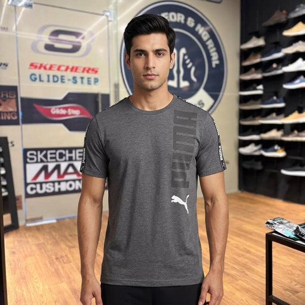 Puma Vertical Big Logo Taped Sleeve T-Shirt — Charcoal
