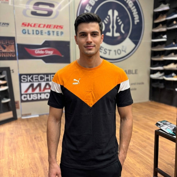 Puma Iconic Colorblock Chevron T-Shirt — Black/Orange